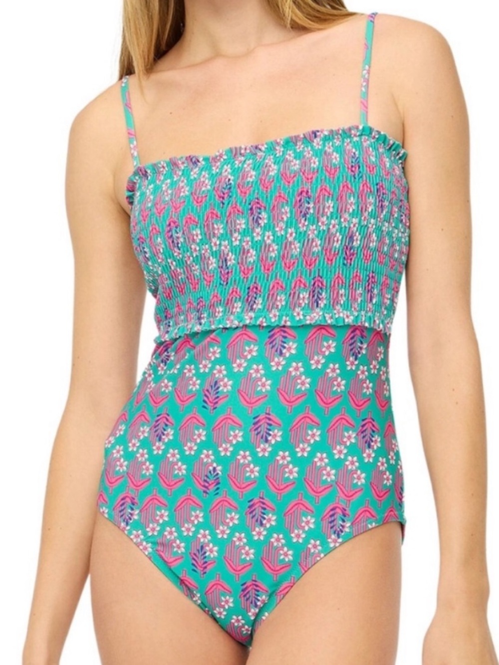 J. Crew Teal One-Piece Smocked Swimsuit Pink & Purple Floral Print. Size Large.